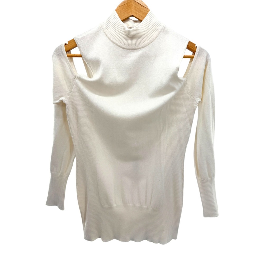 Cache White Cold Shoulder Mock Neck Sweater Cutout Ribbed Knit Pullover Top NWT